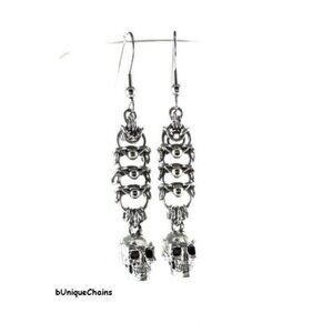 Silver 3D Skulls Rain Chain Link Handmade Chainmail Steel Maille Earrings